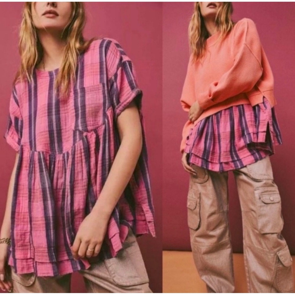 Free People We The Free Moon City Plaid Oversized Tunic Top Size S